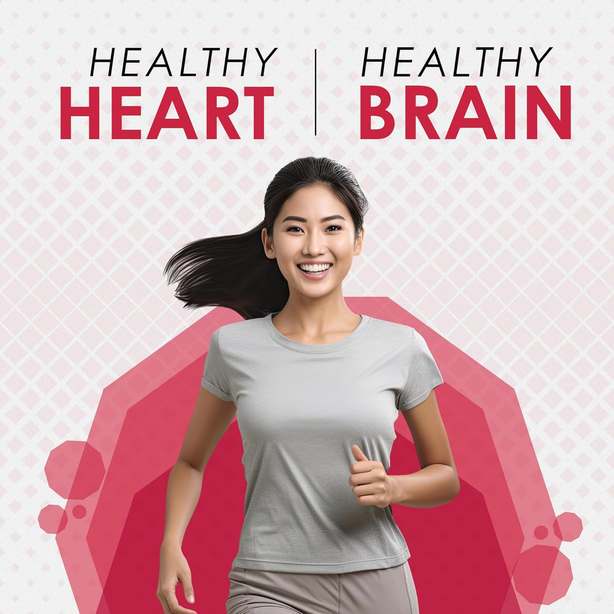 Woman running with 'Healthy Heart' and 'Healthy Brain' text on a pink background