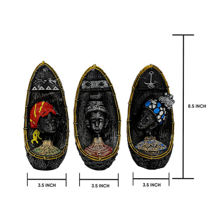 Vibrant Beautiful Finish Uniquely Hand Crafted Home Decor African Tribal Women Art Piece (African Face Lady Set of 3)