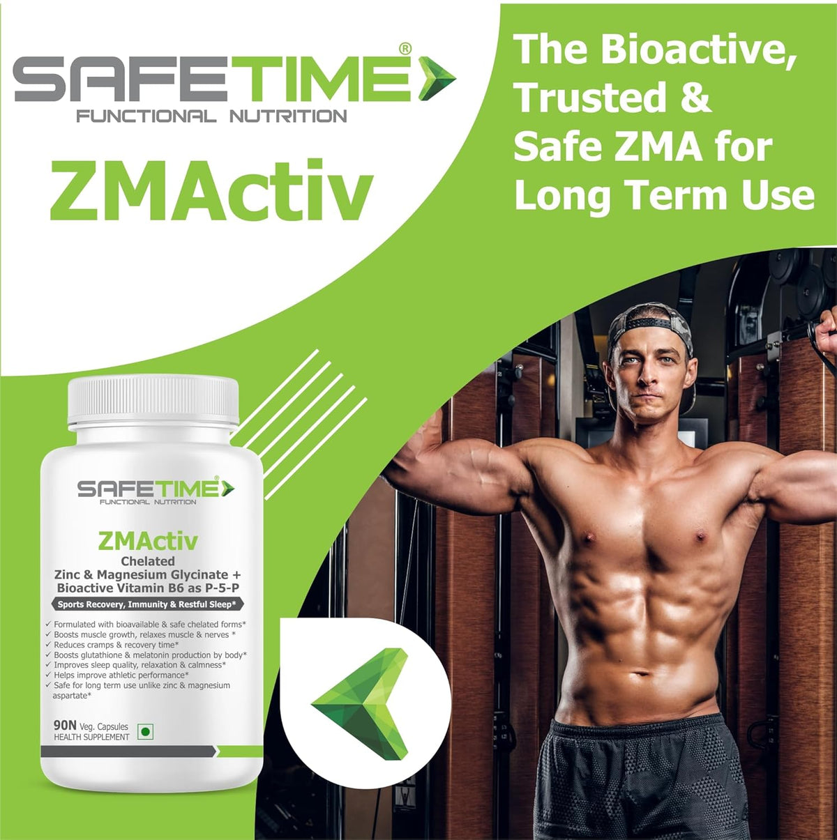 SafeTime ZMACTIV supplement bottle with a muscular man in a gym setting