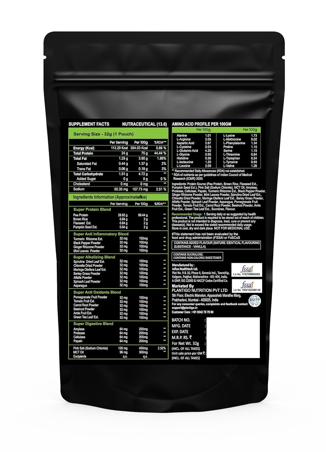 Black supplement package with nutritional information on a white background
