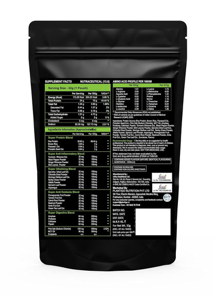Black supplement package with nutritional information on a white background