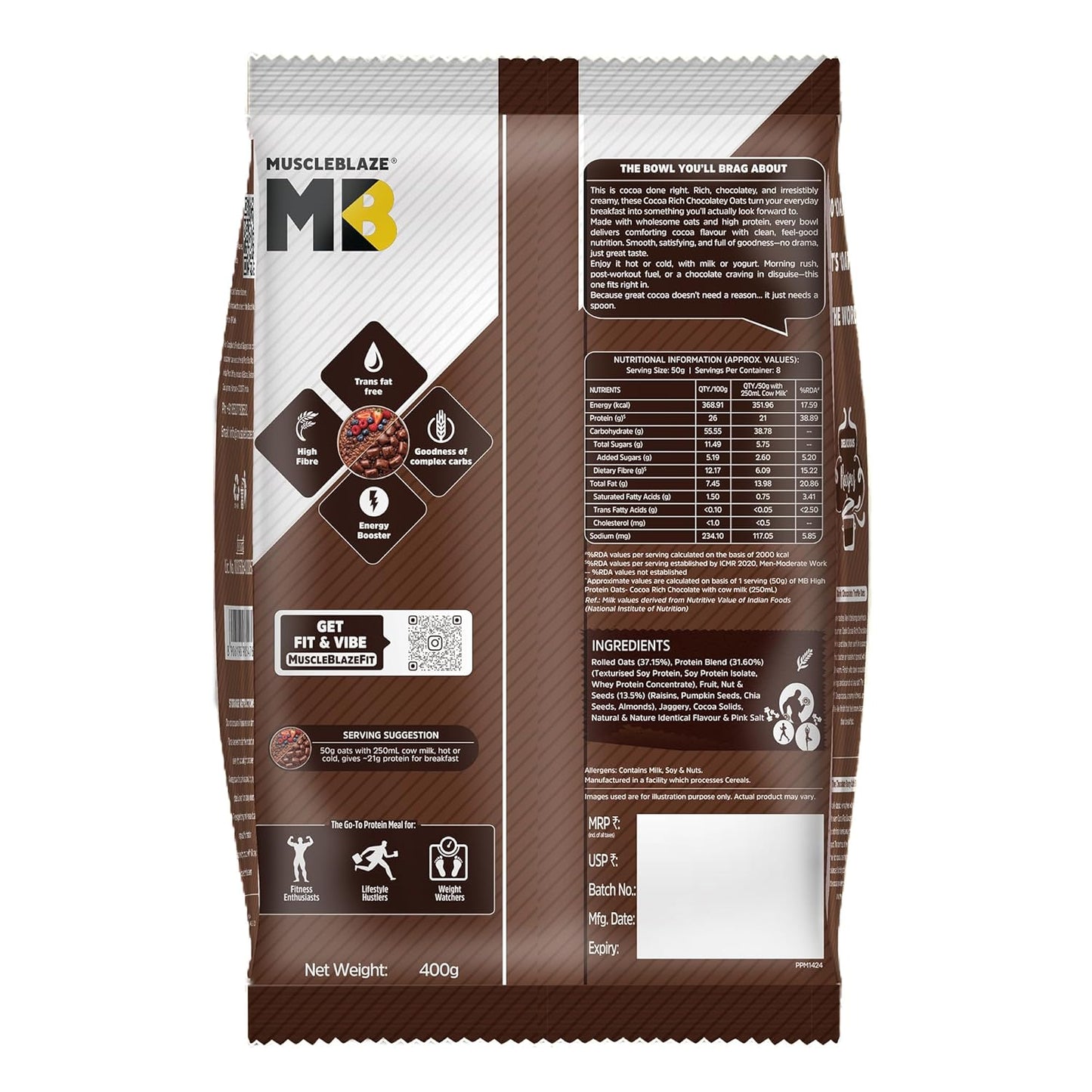 MuscleBlaze High Protein Oats (Cocoa Rich Chocolate, 400g) | 26g Protein | Breakfast Cereals for Weight Management | 26g Protein | Breakfast Cereals for Weight Management
