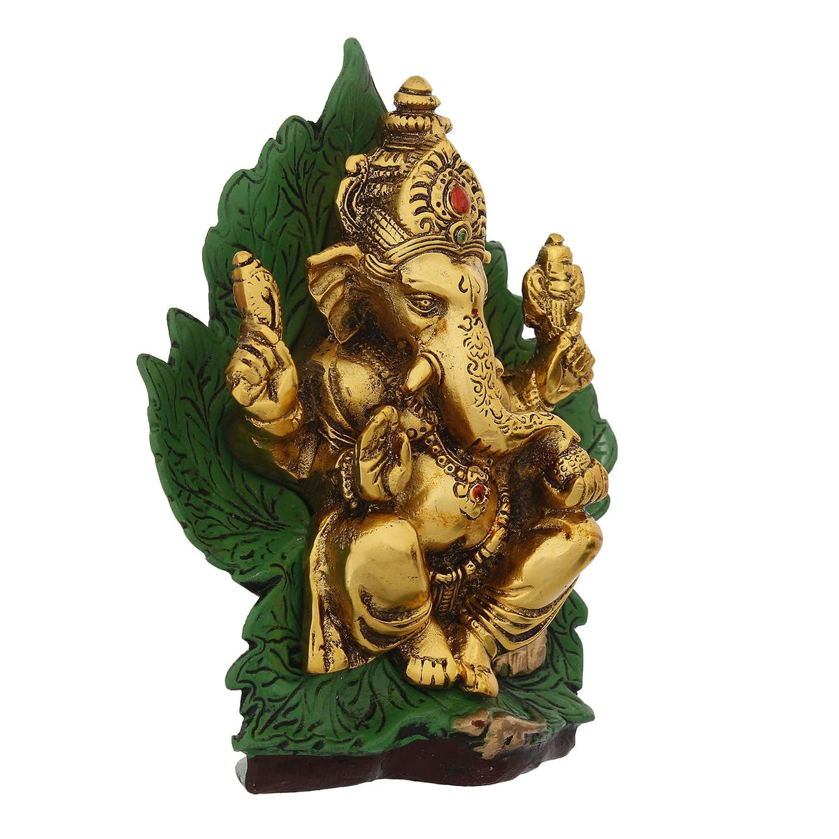 Golden Sitting Lord Ganesha on Green Throne Metal Decorative Showpiece, Green, Golden and Brown, one Size (AGG559)