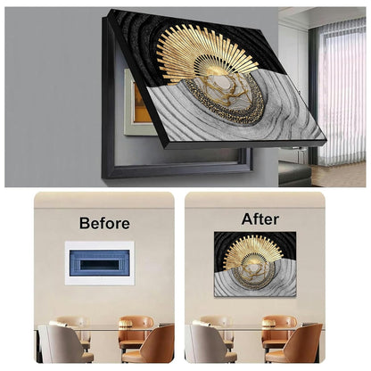 Electric MCB Box Cover Frame With Hydraulic Decorative Painting Gold Textured Sun Painting Electrical Panel box Cover, Switch Box Frame Will Fit Max 10x14 inch Switch Board, Outer Size 13X17 Inch