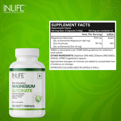INLIFE Magnesium Glycinate Supplement 1100mg (Elemental Magnesium 242mg) with Zinc 10mg (as Zinc Picolinate) Per Serving, Relaxation & Healthy Muscle Function - 30 Capsules (Pack of 1, 30, count)