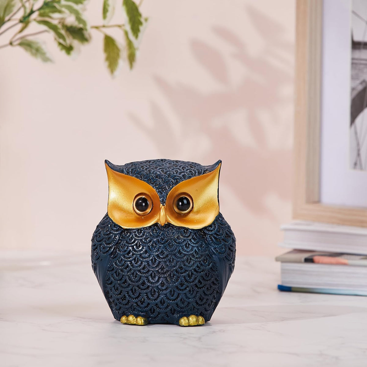 Modern Classy Happy Owl Resin Art Figure Showpiece (Pack of 1, Blue and Gold)