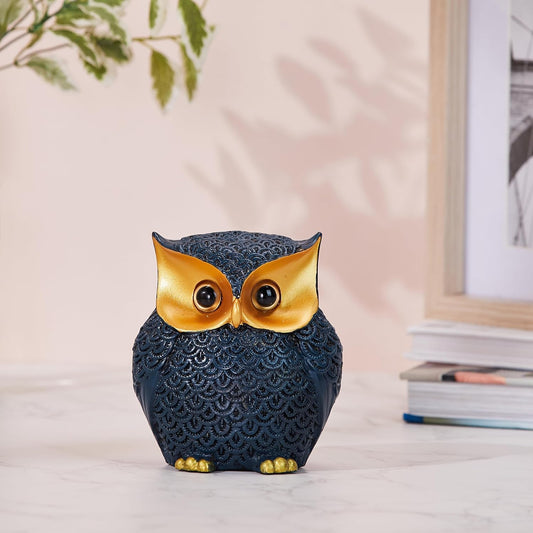 Modern Classy Happy Owl Resin Art Figure Showpiece (Pack of 1, Blue and Gold)