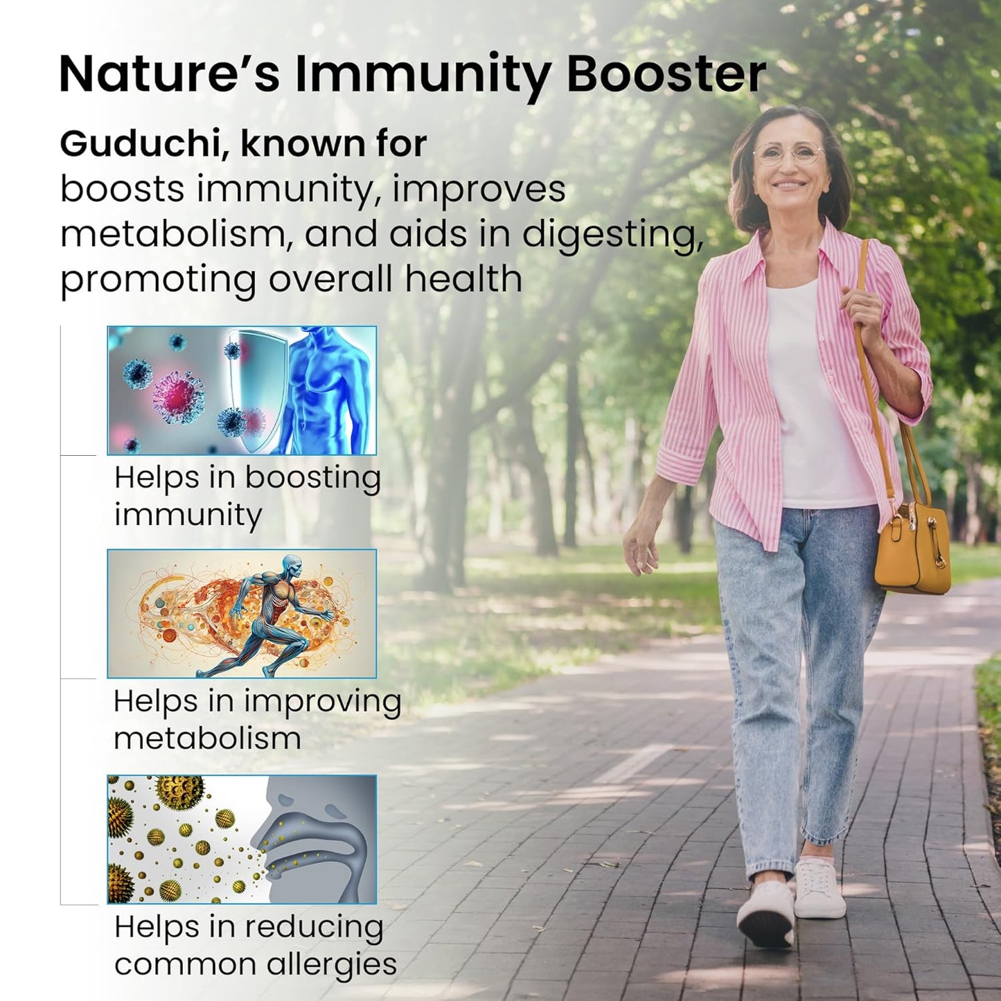 Woman walking in a park with text about Guduchi as an immunity booster