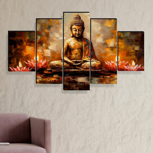 Buddha Paintings For Wall Decoration - Set Of Five, 3D Modern Art Painting For Living Room Large Size With Frames For Home Decoration, Hotel, Office 76.2 Cm X 45 Cm Sanfpnls35458, Engineered Wood