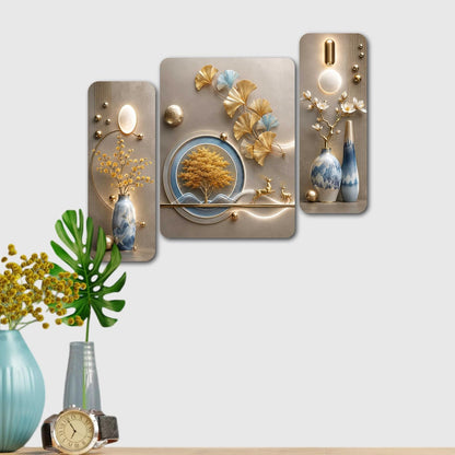 Golden Ginkgo Tree and Deer Wall Painting Set of 3 on MDF Board with UV Textured Finish, Blue Grey Botanical Art for Living Room Bedroom Office Home Decor (12 x 18 Inch) JML-6004