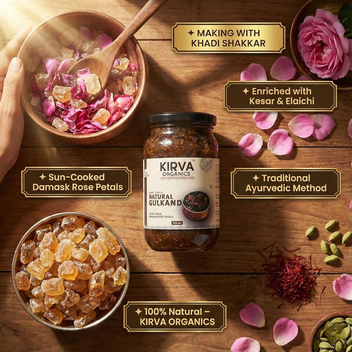 Kirva Organics Natural Gulkand 500g | Sun-Cooked Damask Rose Petals & Rock Sugar | Infused with Kesar & Elaichi | Ayurvedic Digestive & Natural Body Coolant | No Artificial Flavors