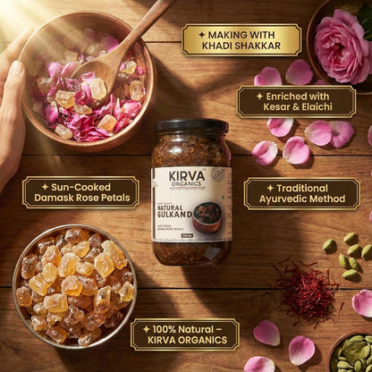 Kirva Organics Natural Gulkand 500g | Sun-Cooked Damask Rose Petals & Rock Sugar | Infused with Kesar & Elaichi | Ayurvedic Digestive & Natural Body Coolant | No Artificial Flavors