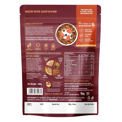 Pintola High Protein Muesli Dark Chocolate & Cranberry 400g, 24g Protein, High Fibre, Trans Fat Free with Brown Sugar, Real Fruits, Muesli for Breakfast Food, Muselies Fruit Nuts and Seeds (400g)