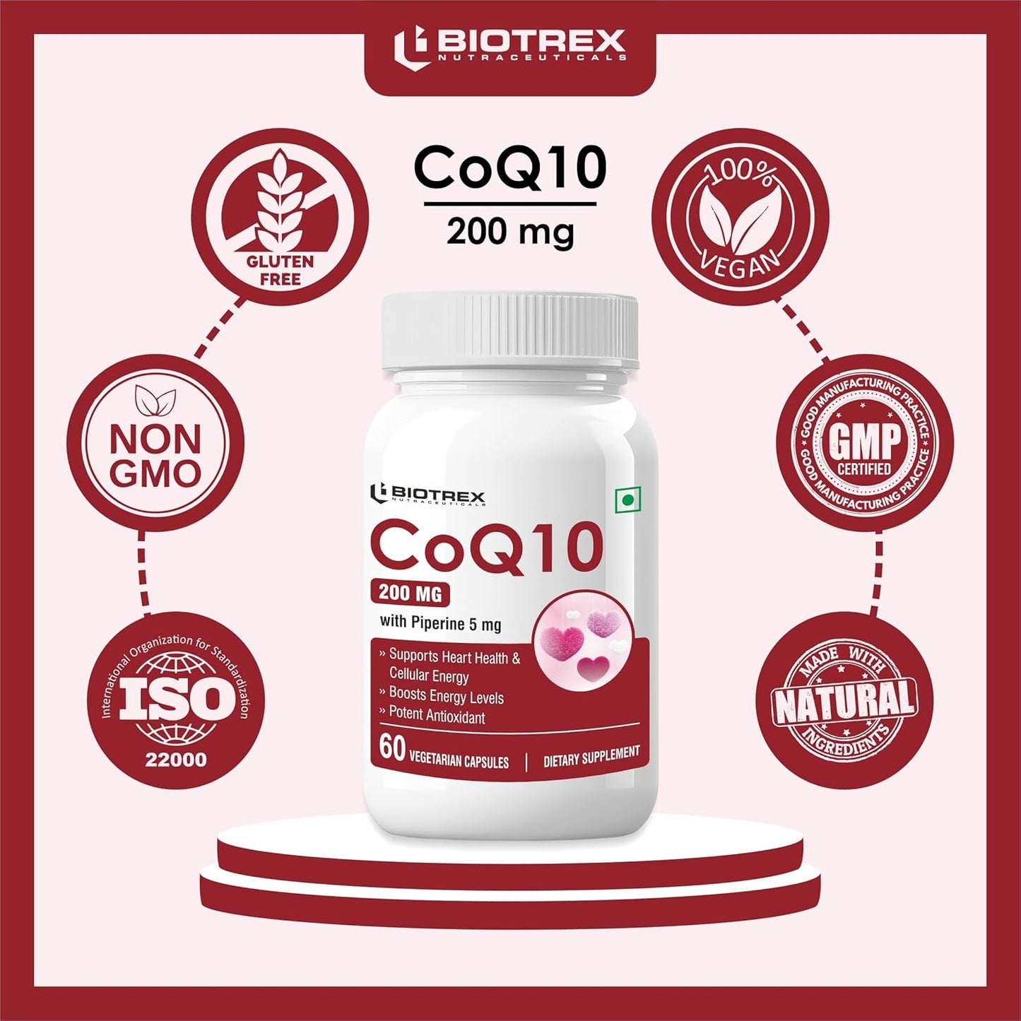 Biotrex Nutraceuticals High Bioavailabilty Coq10 200mg With 95% Purity Piperine 5mg (Coenzyme Q10) - 60 Vegetarian Capsules