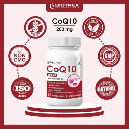 Biotrex Nutraceuticals High Bioavailabilty Coq10 200mg With 95% Purity Piperine 5mg (Coenzyme Q10) - 60 Vegetarian Capsules