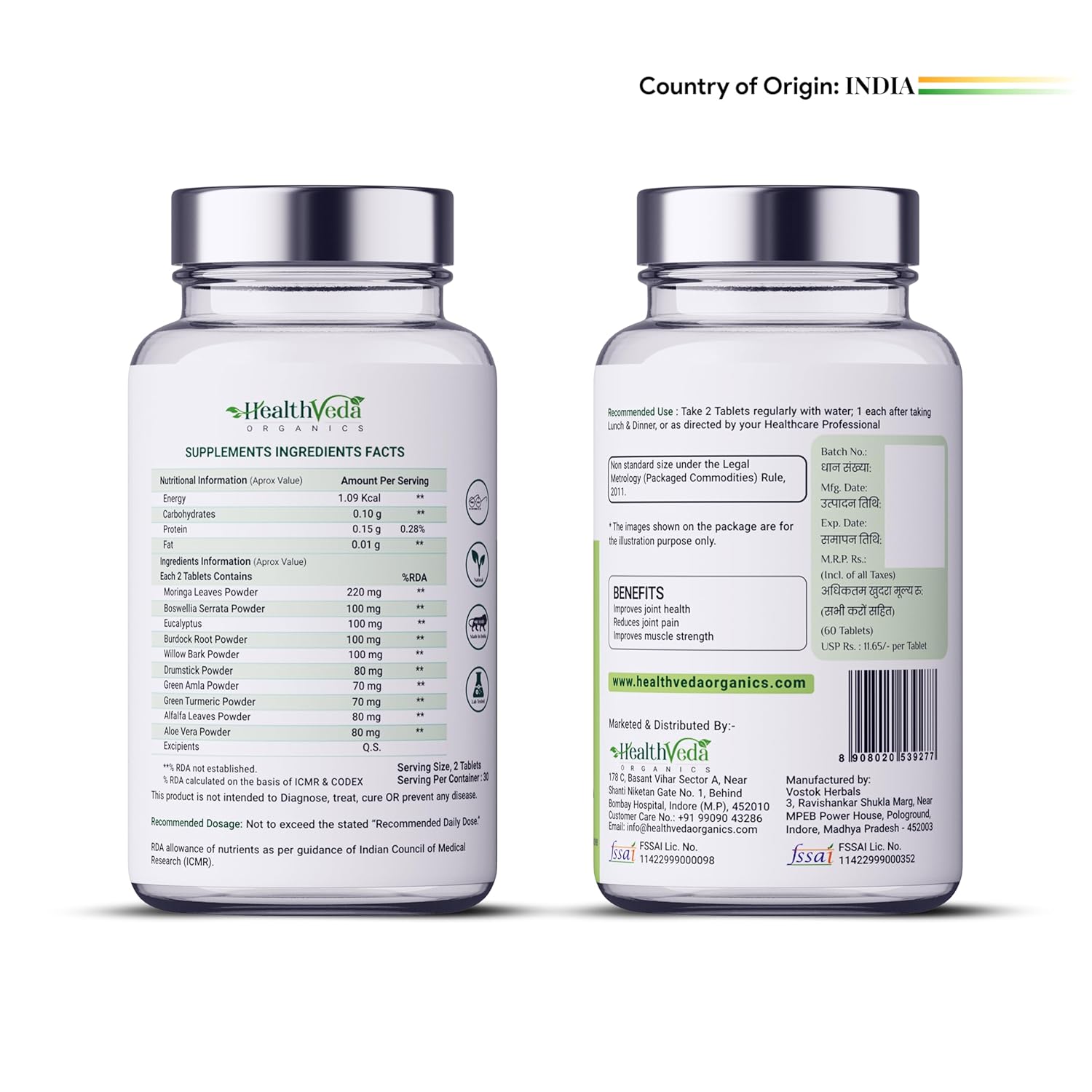 Zephivo HEALTH VEDA ORGANICS PRIVATE LIMITED Plant Based Joint Support 1000 Mg With Moringa Leaves Powder, Boswellia Serrata Powder | 60 Veg Tablets | Supports Healthy Joints & Bones