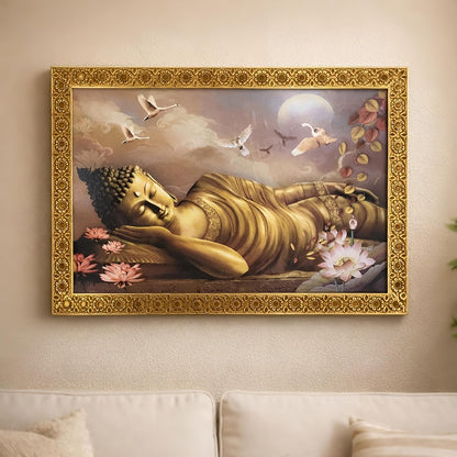Buddha Art Framed Painting for Luck, Prosperity | Ready to Hang (Wooden Frame, 12inch x 18 inch, Golden)