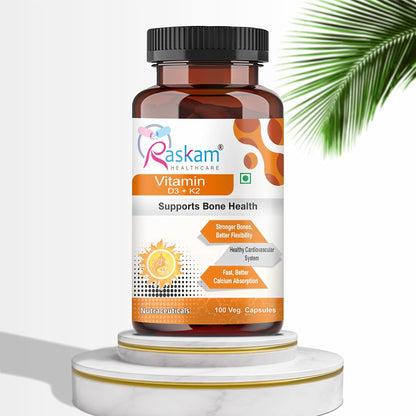 Bottle of Raskam Healthcare Vitamin D3 + K2 supplement on a white background with a palm leaf.