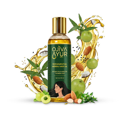 OJIVA AYUR Keshamrutha Bhringraj & Amla Hair Oil for Hair Growth & Hair Fall Control | Ayurvedic Oil with Kalonji, Cold-Pressed Coconut, Sesame, Almond | For Men & Women | Lab-Tested | 115ml
