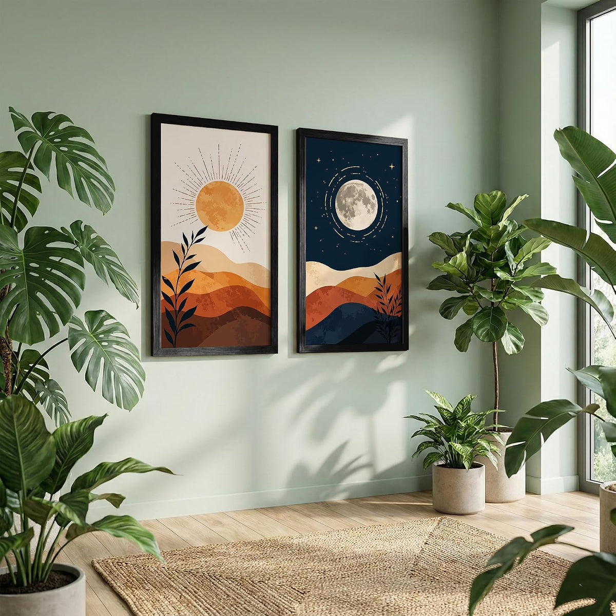 Minimalist Sun Moon Wall Art Set of 2 Framed Prints, Abstract Mountain Landscape Posters, Boho Neutral Scandinavian Nature Decor for Living Room, Bedroom & Office, 10x19 Inch Wooden Frames