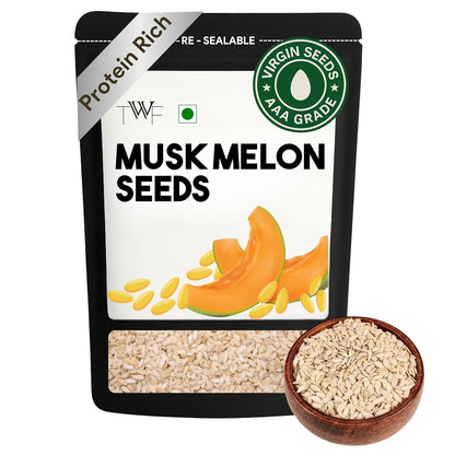 TWF Virgin Muskmelon Seeds | AAA Grade Seeds for Eating | 100% Natural | Kharbooja Magaj | Peeled | Gluten Free | Perfect for Snacking & Cooking | Resealable Pack | Diet Snack | Unroasted | Unsalted | Highest Natural Potency