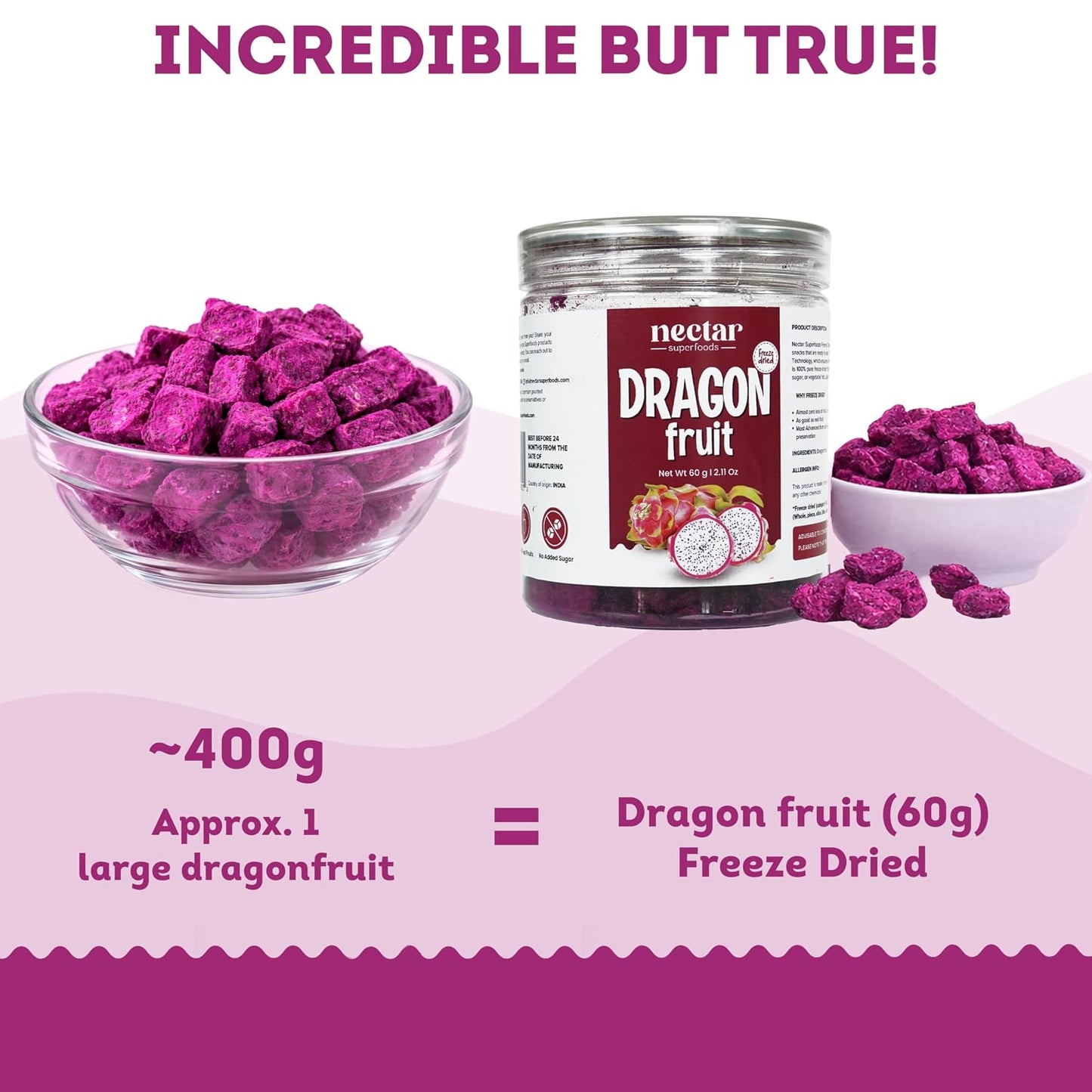 Nectar Superfoods Freeze Dried Dragon fruit - 60 grams Jar-Pack of 1 Nos | 100% Natural & Pure | No Preservatives, No Sugar Added, Vegan | Ideal for Cooking & Seasoning | Made in India