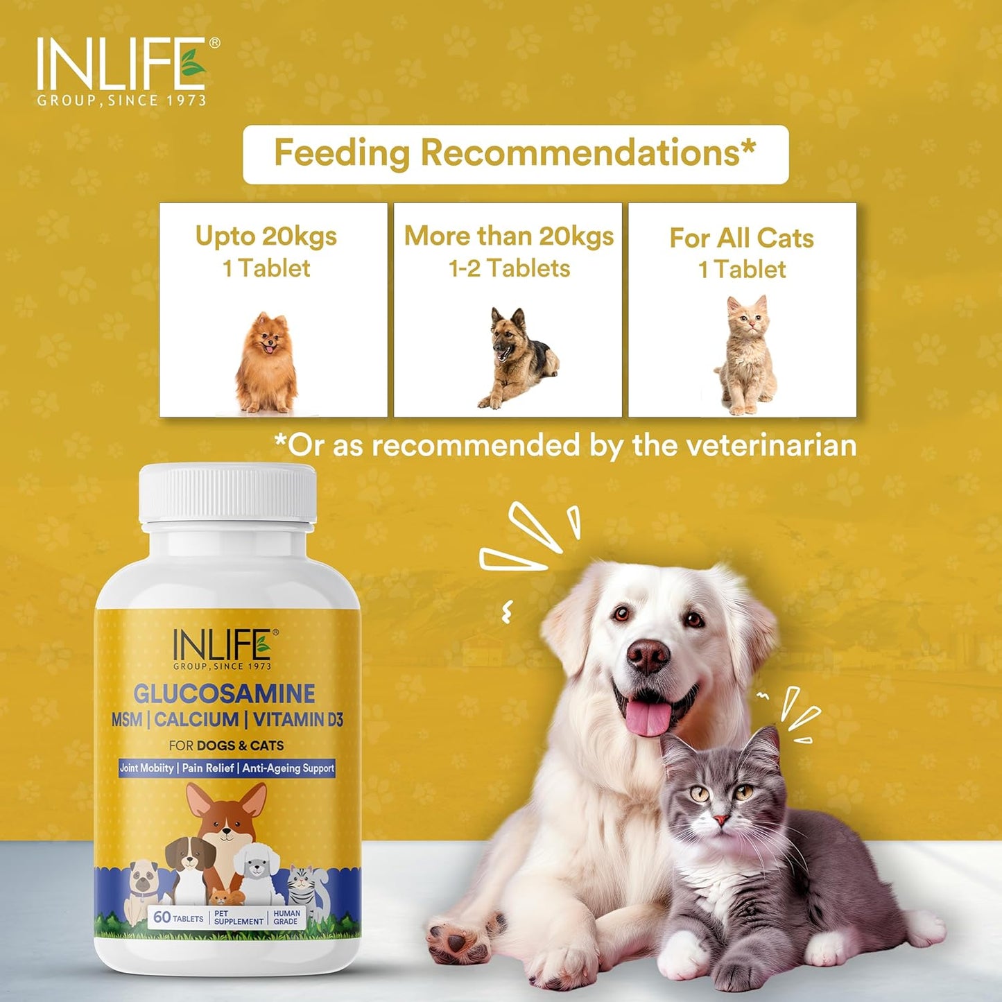 INLIFE Glucosamine Tablets for Dogs & Cats | with MSM Calcium & Vitamin D3 | Cartilage, Bone & Joint Health Supplement - 60 Tablets