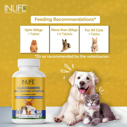 INLIFE Glucosamine Tablets for Dogs & Cats | with MSM Calcium & Vitamin D3 | Cartilage, Bone & Joint Health Supplement - 60 Tablets