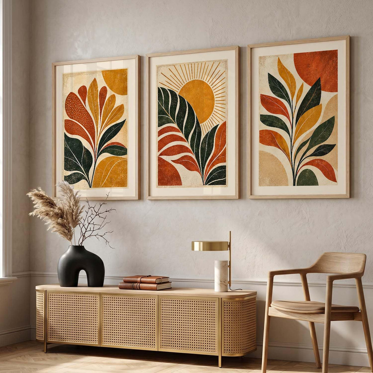 Aesthetic BOHO Art | Minimalist BOHO Wall Paintings with Frame for Home Living Room Bedroom Hotel Decoration | Digital Reprint Set of 3 | 13X17 Inch