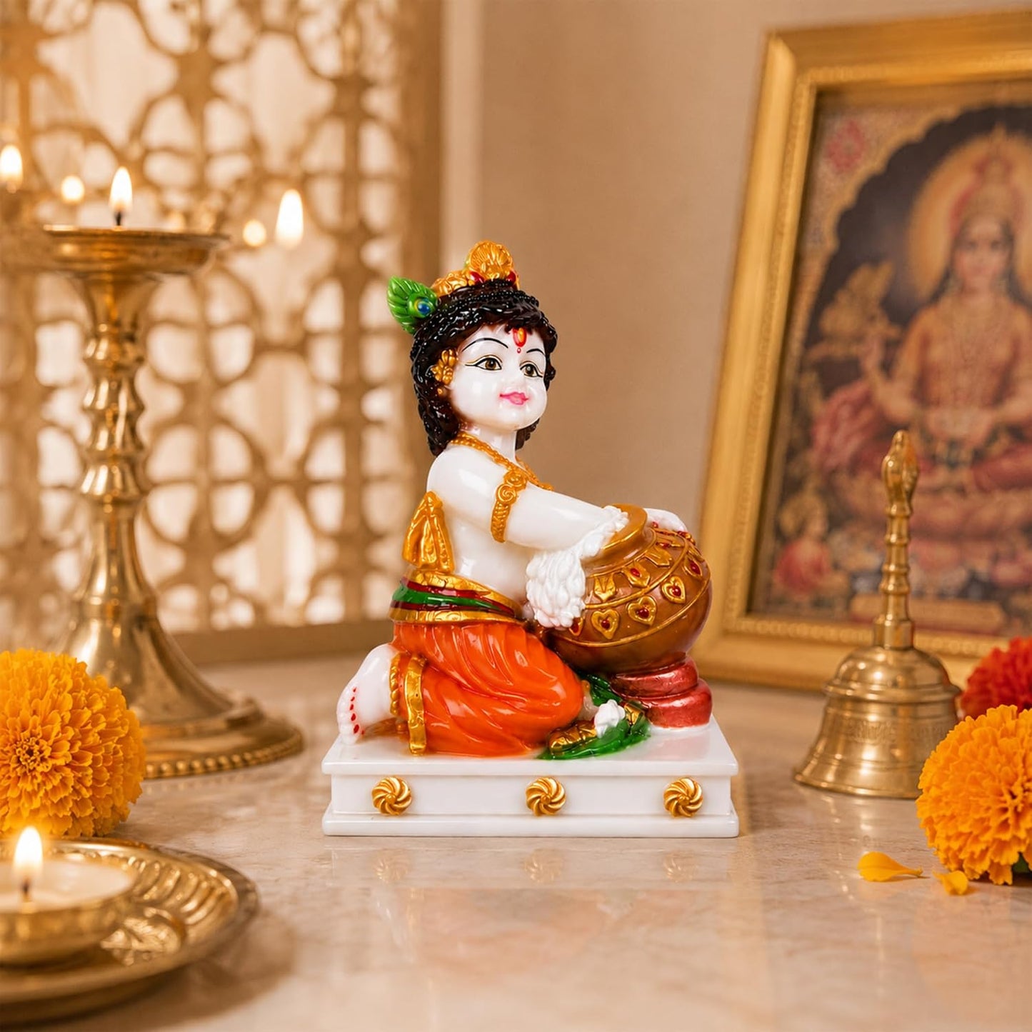 UNOVATE Krishna Makhan Chor Statue | Home Temple | Janmastmi | White Marble
