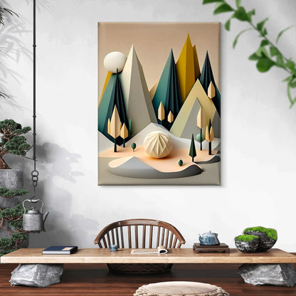 Geometric Mountain Canvas Wall Art | Abstract Forest Landscape with 3D Effect Trees & Sun | Modern Framed Home Décor for Living Room, Bedroom, Office | Ready to Hang (18 x 24 Inch) CVD-491