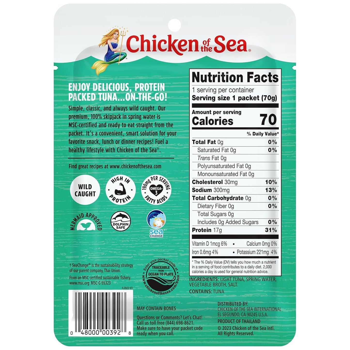 Chicken of the Sea Wild Caught Light Tuna in Spring Water, 2.5 oz. Packet