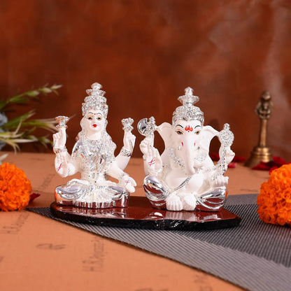 Resin Silver Plated Goddess Lakshmi and Lord Ganesh Idol/Statue/Murti Decorative Showpiece, Ganesha Laxmi Figurine for Puja(Pattern 01)
