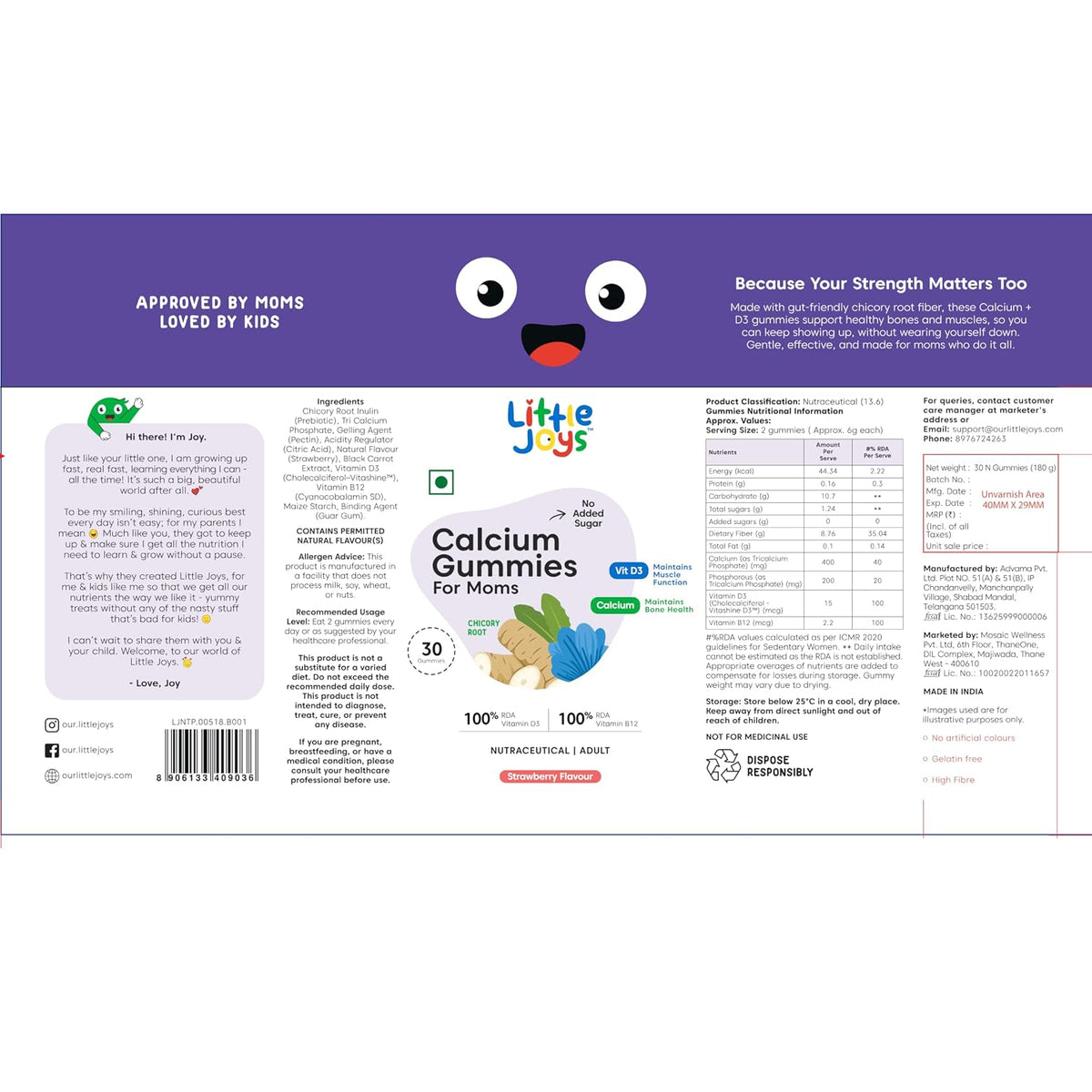 Little Joys Calcium and Vitamin D3 Gummies for Women | Plant-based Vitamin B12 & Prebiotic Fiber | 400mg Calcium/Gummy| Supports Bone Strength,Joint & Muscle Health |Gut-Friendly Formula | No Added Sugar | Pack of 30