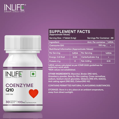 INLIFE Coenzyme Q10 100mg | CoQ10 Ubiquinone Supplement for Energy Management | Antioxidant for Men and Women - 30 Chewable Tablets (Pack of 1)