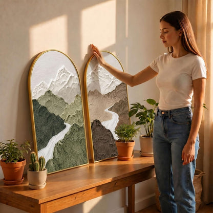 Set of 2 Mountain Wall Painting for Living Room, Textured Landscape Modern Artwork, PVC Golden Frame, Arch Shape Wall Decor for Bedroom, Hall, Office & Gift (30 x 32 Inch) RPNL-02-117