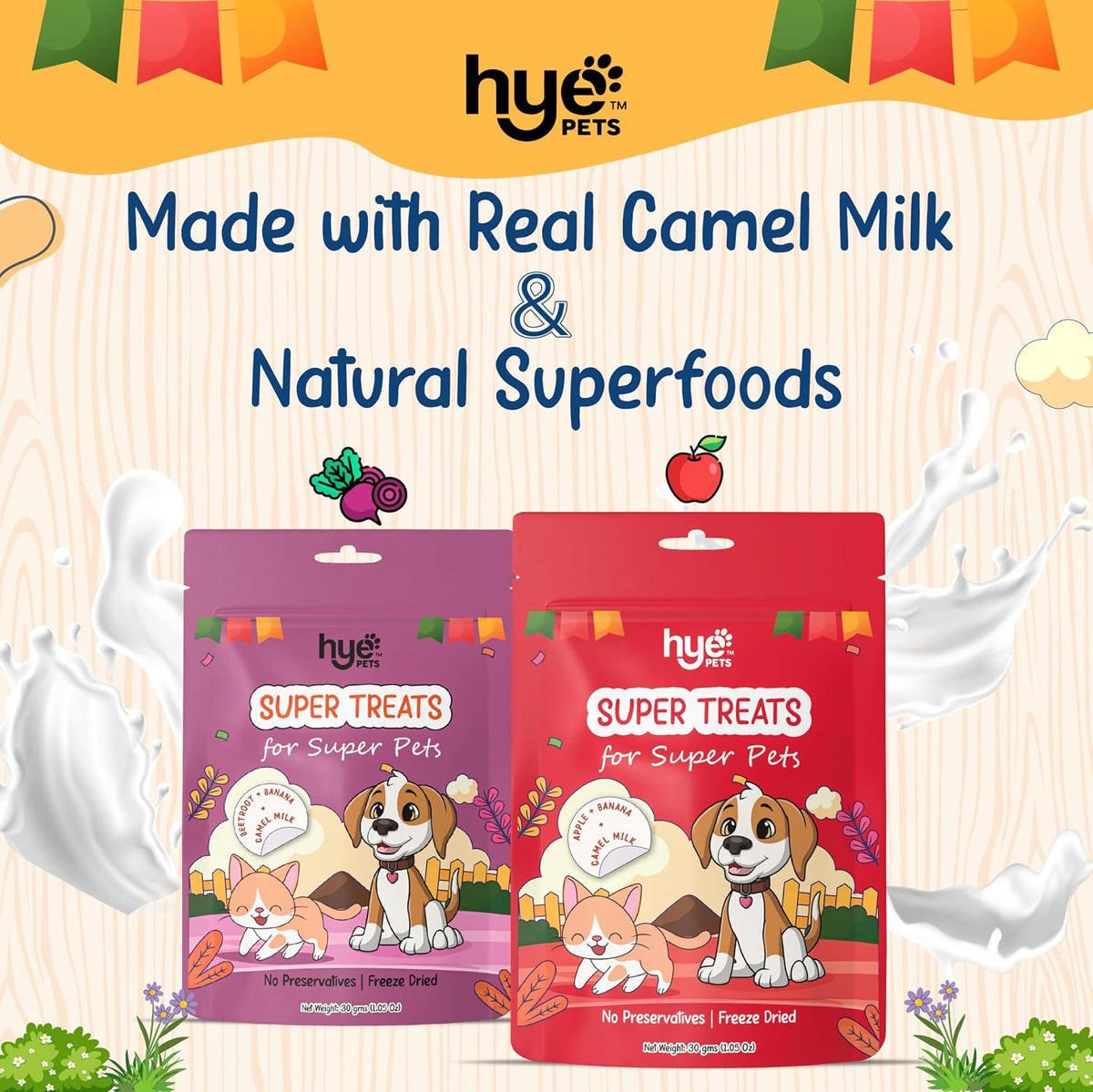 HYE Pets Super Treats for Super Pets – Freeze Dried Treats Made with Camel Milk, Apple & Banana | 30g