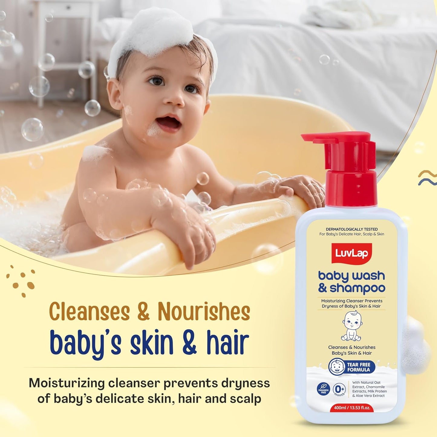LuvLap Baby Wash & Shampoo -400ml, Milky Soft Head to Toe Wash With Oatmeal & Shea Butter, Paraben Free, Tear Free, Rich Moisturised Skin & Soft Hair, 2 in 1 Baby Body Wash, Dermatologically Tested