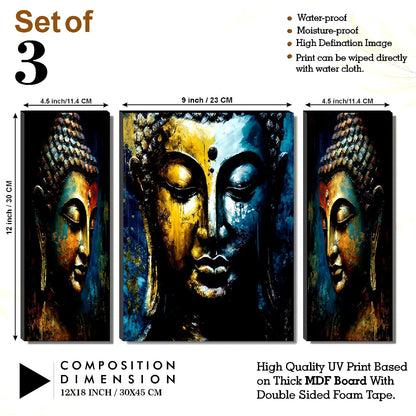 Abstract Gold & Blue Buddha Wall Art – 3-Panel UV-Printed Zen Triptych | Ready-to-Hang Spiritual Home Décor (20 Inch x 12 Inch) JM-35296