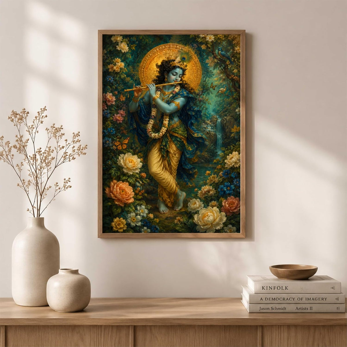 Lord Krishna Flute Wall Painting for Living Room Bedroom Hall Office Decor, Devotional Floral Artwork with Sparkle Laminate and Premium Wooden Synthetic Frame (13.5 x 19.5 Inch) NM01-4104
