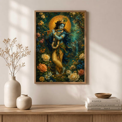 Lord Krishna Flute Wall Painting for Living Room Bedroom Hall Office Decor, Devotional Floral Artwork with Sparkle Laminate and Premium Wooden Synthetic Frame (13.5 x 19.5 Inch) NM01-4104