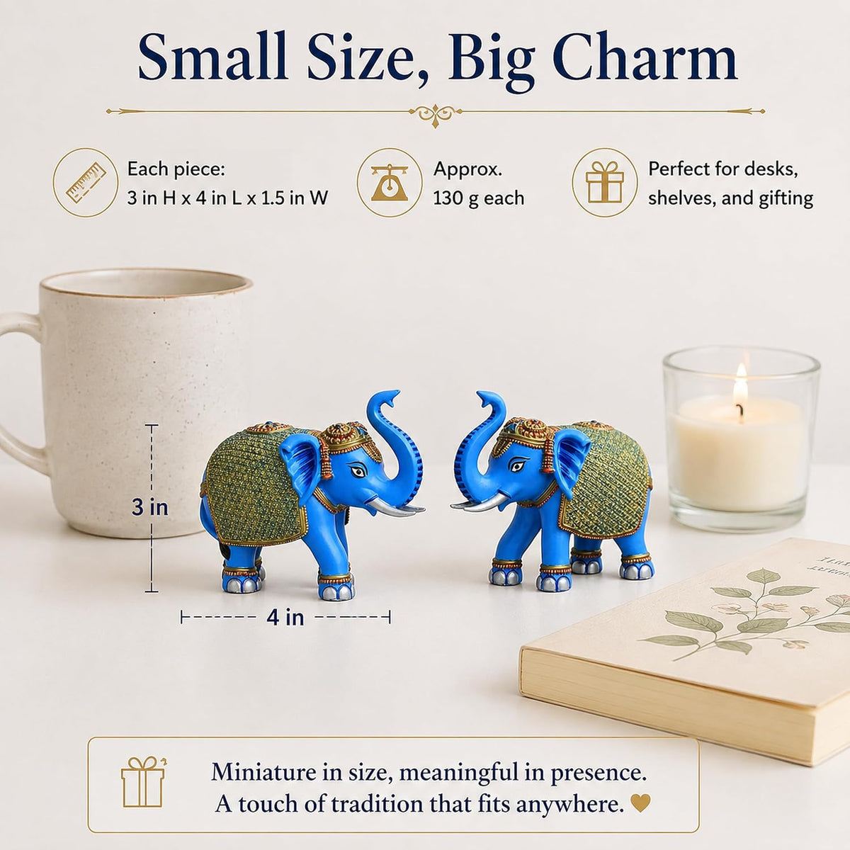 Blue Gold Mini Elephant Showpiece Pair, Car Dashboard, 3 Inch