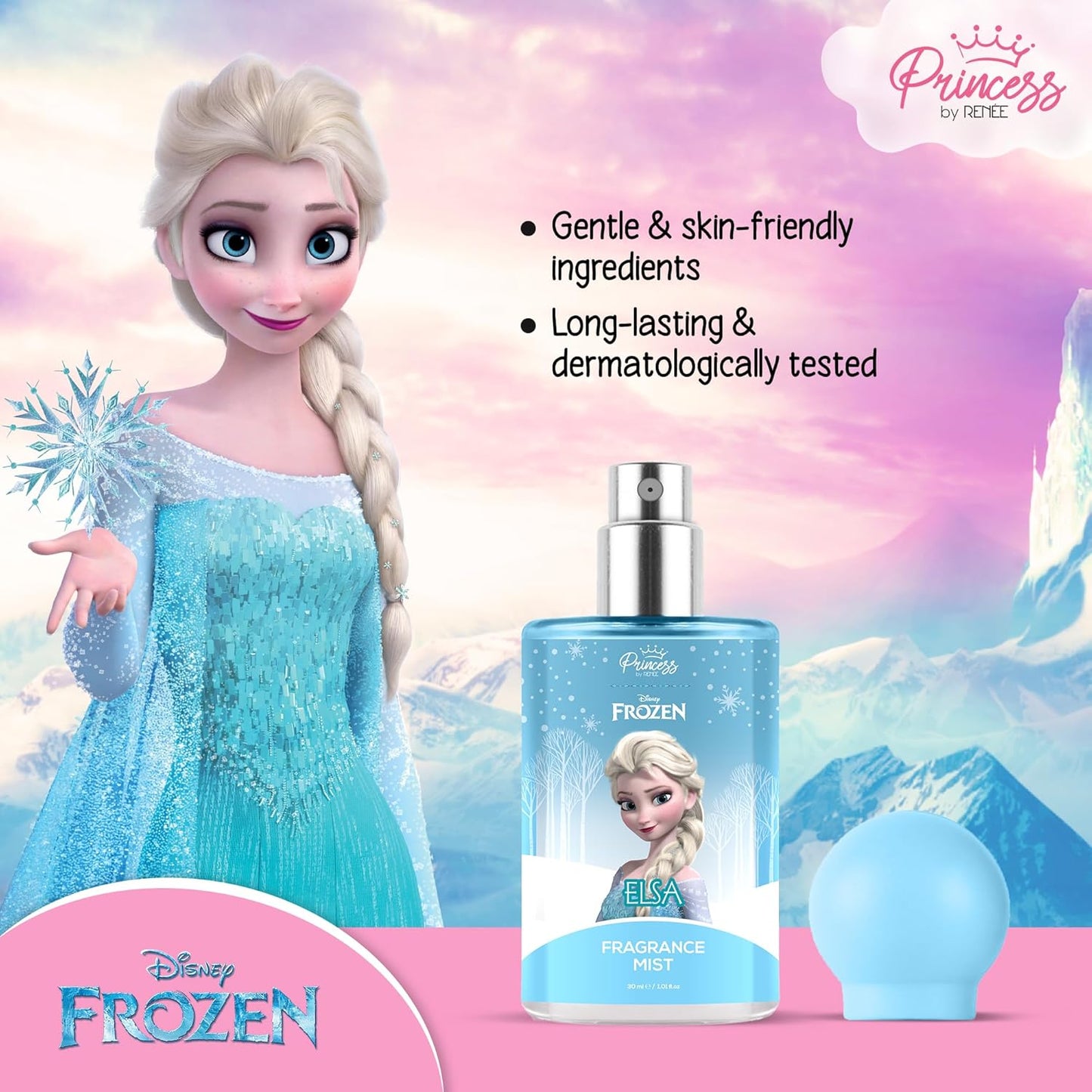 Disney Frozen fragrance bottle with Elsa character against a snowy mountain background