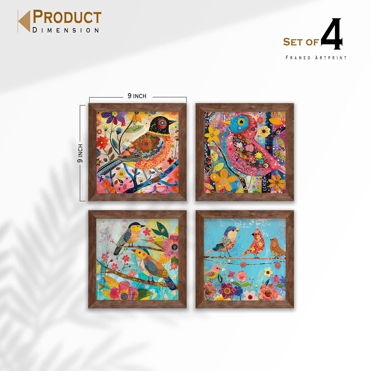 Multicolor Birds Wall Art Painting for living room, birds floral Framed painting, set of 4, 9x9 Inch