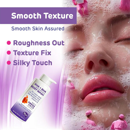Body wash bottle with a close-up of a person's face covered in bubbles, emphasizing smooth texture and skin care benefits.