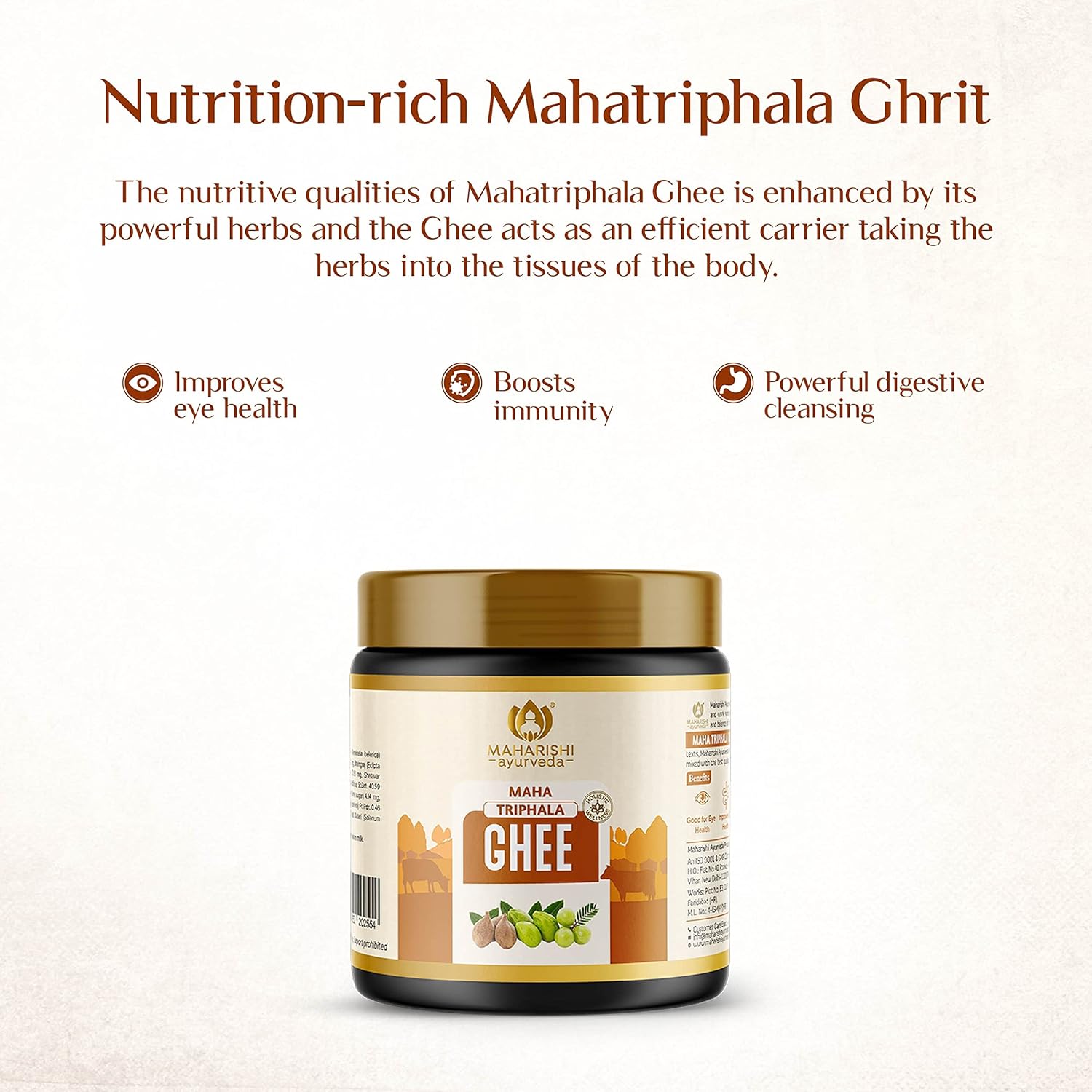 Zephivo Maharishi Ayurveda Triphala Ghrit | Good for eye health | Improves gut health | Brain-boosting Ghee | Builds immunity | Made with potent herbs | No side effects 100 gms
