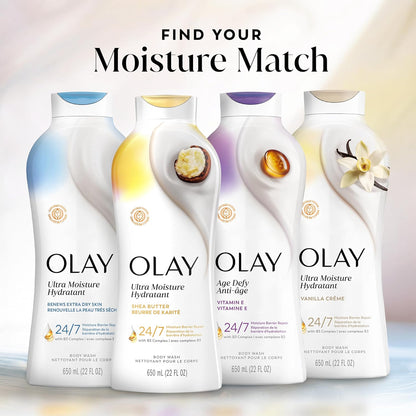 Four Olay body wash bottles with different scents on a light background