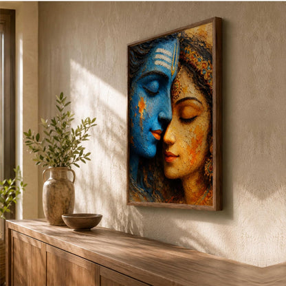 Shiv Parvati Face Wall Painting for Living Room Bedroom Hall Office Decor, Devotional Artwork with Sparkle Laminate and Premium Wooden Synthetic Frame (19.5 x 25.5 Inch) NL01-4112
