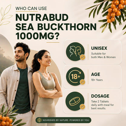 Nutrabud Organics Sea Buckthorn Berry Powder Capsules 1000mg - 60 Veg Tabs - Natural Source of Vitamin-A,C,E,K, Omega-3,6,7,9 & Antioxidants for Skin Glow & Collagen Boost (60 Count (Pack of 1))