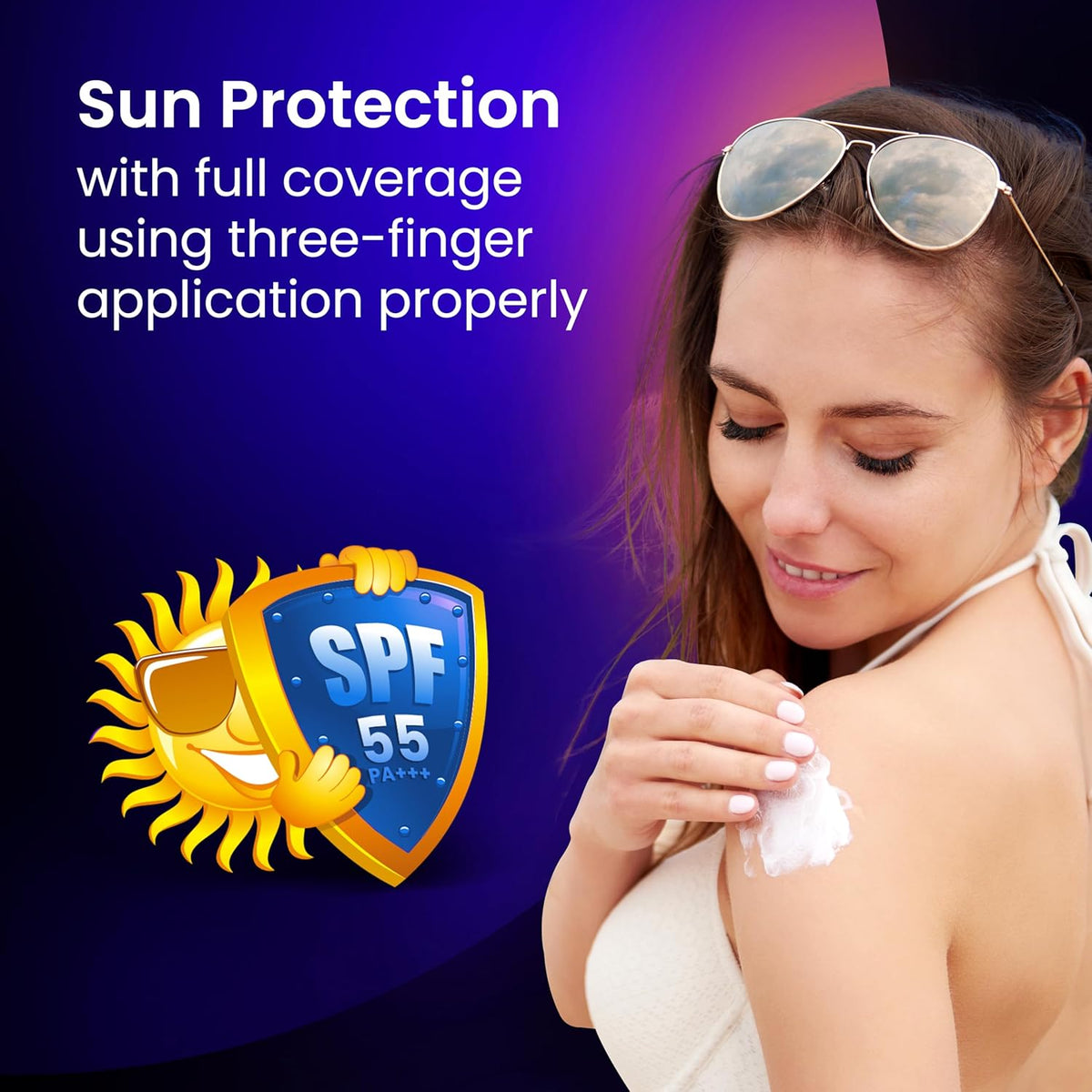 Woman applying sunscreen with SPF 55 badge and text about sun protection.